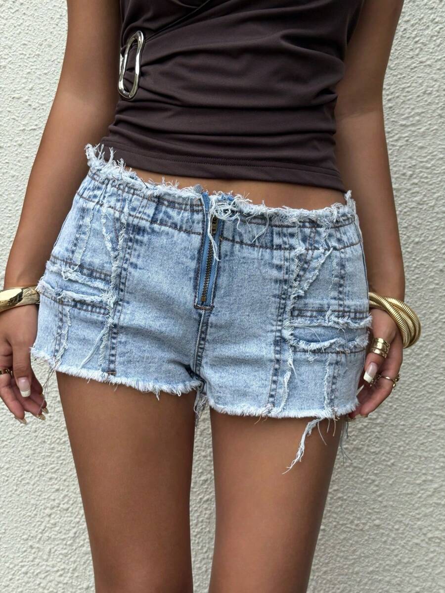 SHEIN ICON 女式拉链流苏下摆时尚牛仔短裤 - 藍色 - 查看 1