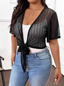 Calvaya Plus Size Women's Casual Solid Color Sheer Thin Bomber Jacket - Black - View 4