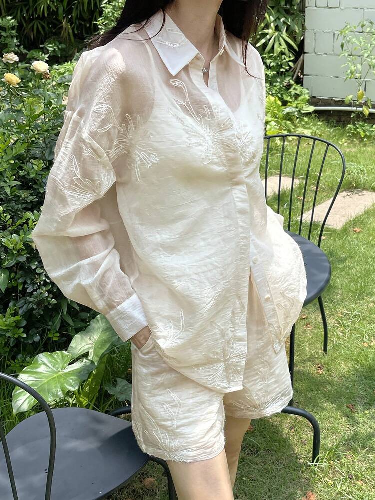 Women's Summer Floral Embroidery All-Over Print Textured Fabric Sheer Shirt And Shorts 2 Pieces Casual Vacation Set Lounge Sets For Women