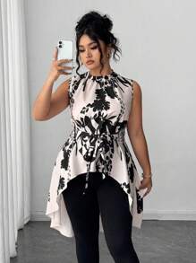 Elenzga 大码女式休闲优雅印花不对称下摆无袖衬衫