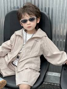 Dazy Kids Young Boy Letter Print Hoodie + Pocket Design Shorts Outfit, Summer - Beige - View 8