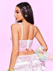 NotGurli Heart Print Underwire Padded Pleated Lace Criss-Cross Bow Mesh Ruffle Slimming Extended Bra, Women Lingerie Bra