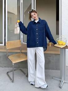 SHEIN 少女深蓝色牛仔宽松翻领长衬衫，春夏休闲度假乡村波西米亚风装