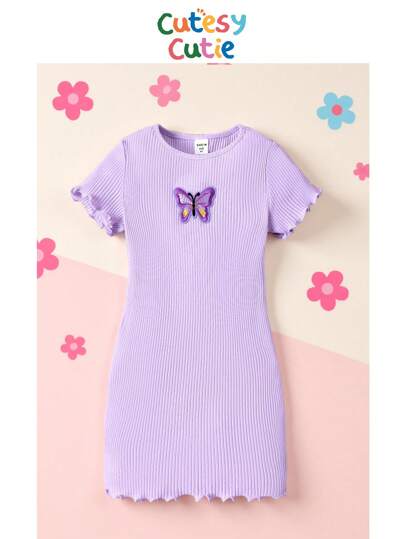 SHEIN Ung flicka stickad enfärgad rund hals fjärilsmönstrad casual klänning