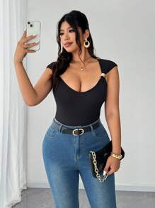 SHEIN Unity 2025 Plus Size Women Elegant Casual Fashionable Stylish Metal Decor Square Collar Striped Versatile Top - Black - View 2
