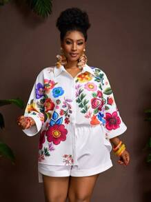 Veslaya Conjunto de 2 piezas de verano para mujer talla grande: blusa de manga dolman con cuello vuelto y estampado floral blanco, y pantalón corto de cintura elástica y pierna ancha. Conjunto de 2 piezas bordado para vacaciones con estampado floral - Blanco - Ver 6