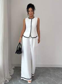 Franclia Women's French Elegant Round Neck Sleeveless Vest With Exquisite Pearl Buttons, White Color Block Wide Leg Pants, Spring/Autumn Outfit - White - View 3