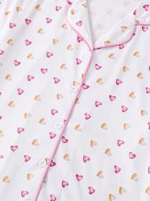 SHEIN 2件套女士简约爱心印花长袖上衣和裤子家居服睡衣套装，秋冬服装 - 粉色 - 查看 4