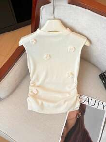 SHEIN Frenchy Women Solid Color Applique Round Neck Slim Fit Sleeveless Elegant Knit Top, Summer,Knitted Sweater White Casual - White - View 7