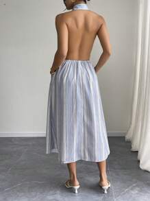 Women's Striped Button Half-Placket Halter Casual Mid-Length Dress - Blue - View 2