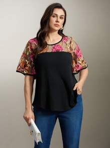 Flouryn Plus Size Women Floral Mesh Solid Color Patchwork Top For Summer - Black - View 4