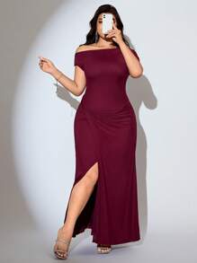 Modelyn 加大码纯色扭纹前开衩至大腿优雅短袖连衣裙 - 酒紅色 - 查看 5