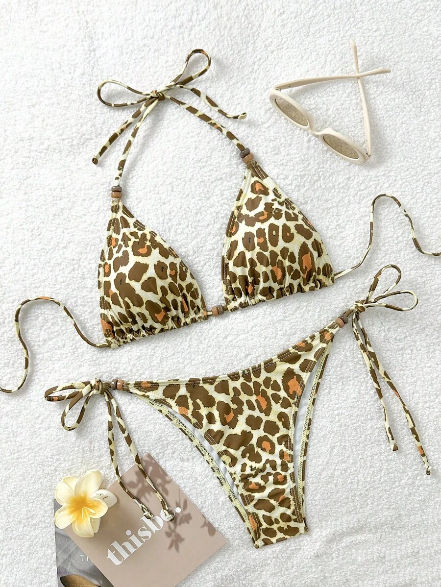 Soleia 2 piezas Conjunto de bikini de mujer con estampado de leopardo, color contrastante y detalles con cuentas, para usar de vacaciones - Multicolor - Ver 1
