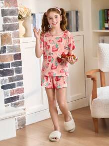 SHEIN 2件套草莓印花女童短袖短裤睡衣套装 - 彩色 - 查看 5