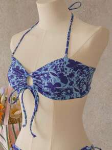 SHEIN Swim Bộ đồ bơi 2 món/bộ áo crop top cổ yếm in họa tiết ngẫu nhiên mùa hè cho nữ và quần short buộc dây bên hông, trang phục đi nghỉ ở bãi biển - Nhiều màu - Xem 4