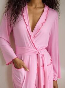 Ocili Leisure Women's Comfy Rib-Knit Colorblock Ruffle Trim V-Neck Soft Short Robe, Loungewear Holiday Season  Cozy And Elegant Details, Fall Outfit