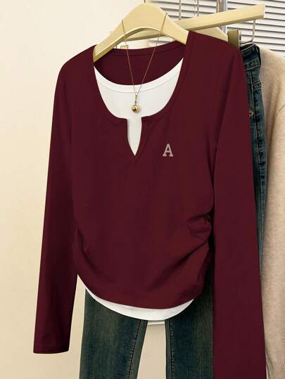 SHEIN EZwear 女士撞色拼布侧褶皱二合一 T 恤