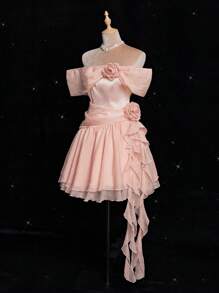 Viva Relle Đầm xòe hoa hở vai cỡ lớn thanh lịch ngọt ngào - Hồng - Xem 4