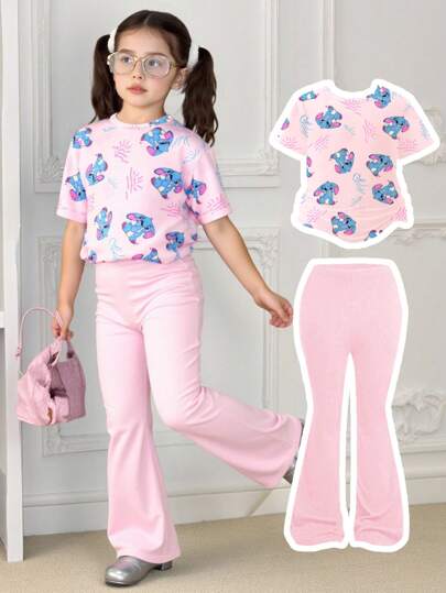2pcs Set Girls Casual Comfortable Fashion Cute Cartoon Animal And Strawberry Print Short Sleeve T-Shirt And Flared Pants Set, Designed Specifically For Spring/Summer