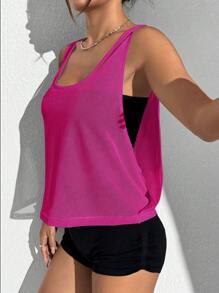 SHEIN Sports 女式字母印花宽松休闲健身运动背心粉色健身上衣女式健身上衣粉色运动上衣露背健身上衣网眼健身上衣 - 玫紅色 - 查看 5