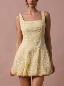 Enchnt Damen elegantes Mini-Kleid mit Blumenstickerei, Sommer - Gelb - Übersicht 1