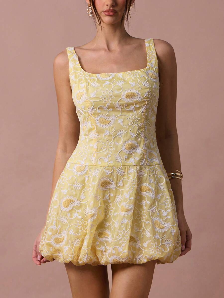 Enchnt Damen elegantes Mini-Kleid mit Blumenstickerei, Sommer - Gelb - Übersicht 1