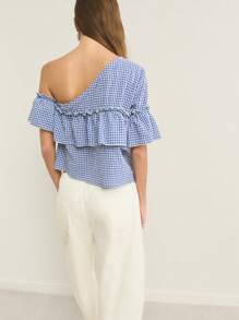 Nöista This Blue And White Gingham Top Features An Asymmetrical One-Shoulder Design With Ruffled Neckline And Short Ruffled Sleeve, Creating A Playful, Cute Summer Top For Women's Summer Outfits. - Royal Blue - View 2