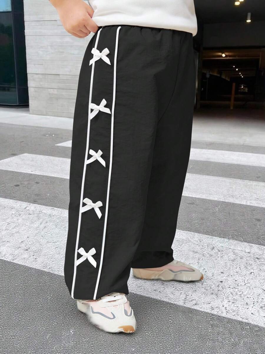 女婴纯色拼布抽绳侧蝴蝶结装饰休闲裤 - 黑色 - 查看 1