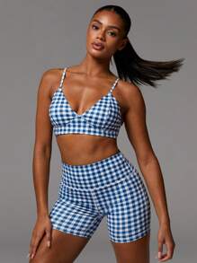 Athîral 2pcs Women Casual Sports Plaid Print Bra And Shorts Set