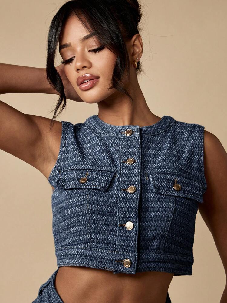 MISSGUIDED Denim Textured Jacquard Cropped Vest Button Up Sleeveless Jacket Top Summer Festival Western Vacation Casual