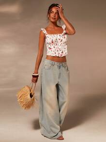 Athîral 女式樱桃印花褶饰纽扣吊带背心，夏季时尚 - 彩色 - 查看 4