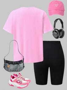 2pcs/Set Teen Girls Fashion Street Style Graphic Print Short Sleeve T-Shirt And Tight Shorts, Comfortable Casual Outfit, School, Campus, College - Pink - View 2