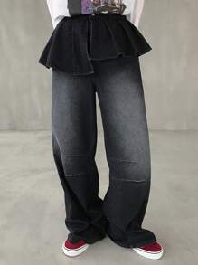 FRIFUL 女式休闲水洗牛仔荷叶边二合一牛仔裤 - 黑色 - 查看 4