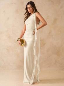 SHEIN BAE Vestido elegante de mujer de gasa con cuello asimétrico, plisado, espalda abierta, borde con volantes y largo maxi, para vacaciones en la playa, primavera/verano
