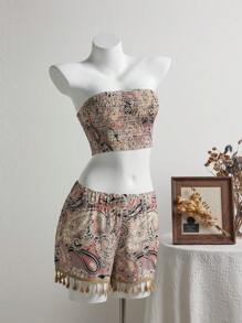 SHEIN Unity 2pcs/Set Women Bandeau Top And Tassel Hem Shorts Set - Khaki - View 1