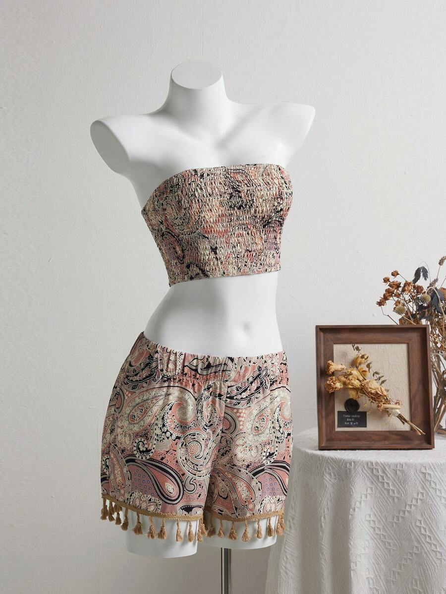 SHEIN Unity 2pcs/Set Women Bandeau Top And Tassel Hem Shorts Set - Khaki - View 1