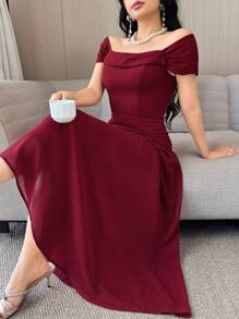 Feyla Đầm dài thanh lịch trễ vai xếp ly cho nữ, tay ngắn, màu trơn - Màu Đỏ Sâu - Xem 3