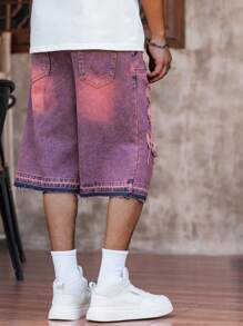 Manfinity Roughcore Men's Avant-Garde Burgundy Ripped Denim Bermuda Shorts, Perfect For A Bold Street Casual Look. These Heavily Distressed Jorts Offer An Edgy And Unique Style For Summer Comfort. - Burgundy - View 2