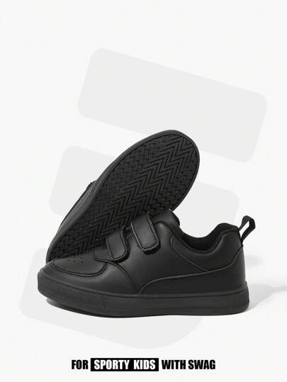 SHEIN 1 Pair Children's Classic Black Casual Lightweight Soft Sole Non-Slip Hook And Loop Sports Shoes, Versatile Back To School Sneakers