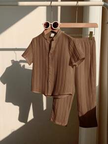 SHEIN 2 件装年轻男孩男孩休闲运动学院度假纹理面料立领衬衫和裤子适合儿童服装年轻男孩服装返校男孩套装适合生日派对、晚会、表演、婚礼、洗礼、开幕式日常适合日常使用适合上学适合旅行适合运动适合春夏季节 - 棕色 - 查看 7