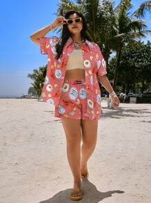 SHEIN EZwear 2 件大码度假休闲条纹海鲜印花衬衫和短裤套装度假 2 件套装海滩 2 件套装