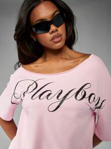 Missguided x Playboy 露肩文字 T 恤宽松休闲居家上衣街头风格都市时尚基本款图案宣言 - 粉色 - 查看 5
