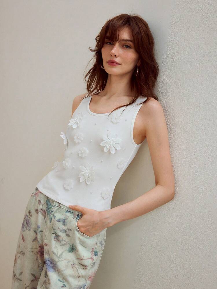 ステレオ フラワー 偽珠の装飾リブニット スリムフィットタンクトップ
