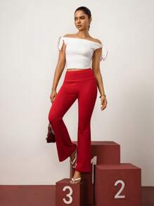 Hanevo Pantaloni a zampa da donna con doppia fascia in vita, stile casual sportivo, di colore rosso - Rosso - Visualizzare 7