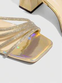 CUCCOO SZL 女士金色高跟凉鞋，蝴蝶结钻石绑带装饰金属元素，时尚高跟凉鞋，适合派对、通勤、表演，时尚金属高跟鞋 - 金色 - 查看 11