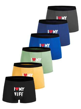 Men's Heart Letter Print Waistband Contrast Color Boxer Briefs Men Underwear Pack I Love My Husband Underwear I Love My Wife Underwear Men Boxer Briefs Pack