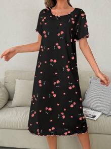 SHEIN Women Color Block Cherry Print Lettuce Trim Short Sleeve Nightgown, Moo Moo Sleep Dress - Multicolor - View 5