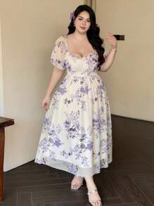 Vibekara Plus Size Women's Spring/Summer Square Collar Ruffle Sleeve Short Sleeve Elegant Resort Vintage Cute Casual A-Line Floral Print Chiffon Maxi Dress