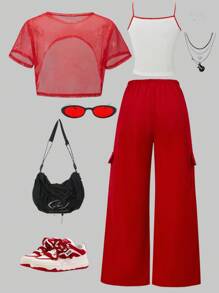 SHEIN 3Pcs/Set Teen Girls Fashion Streetwear Comfy Mesh Short Sleeve Top, Graphic Print Tank Top And Printed Wide Leg Cargo Pants,Casual Wear