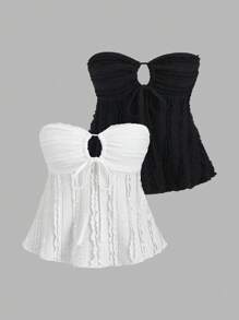 Sweetra 2pcs Textured Fabric Bandeau Top With Pleated Tie Details, Black & White Set